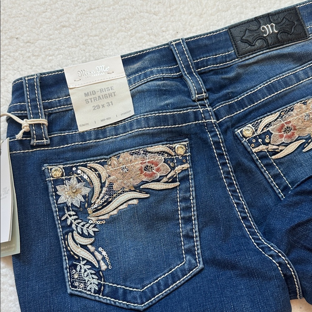 Miss Me Women's 29 Straight Leg Jeans Dark Blue with Embroidered Pocket straight